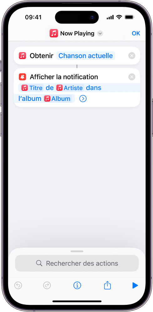 Action « Afficher la notification » dans l’éditeur de raccourcis et alerte « À l’écoute » de Musique appelées par cette action.