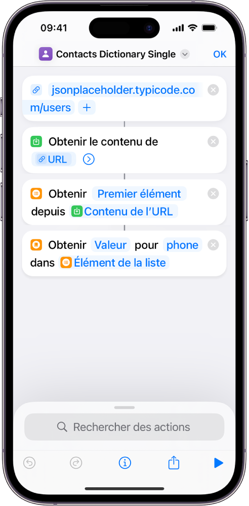 Action « Obtenir la valeur du dictionnaire » dans l’éditeur de raccourcis avec la clé définie sur « phone ».