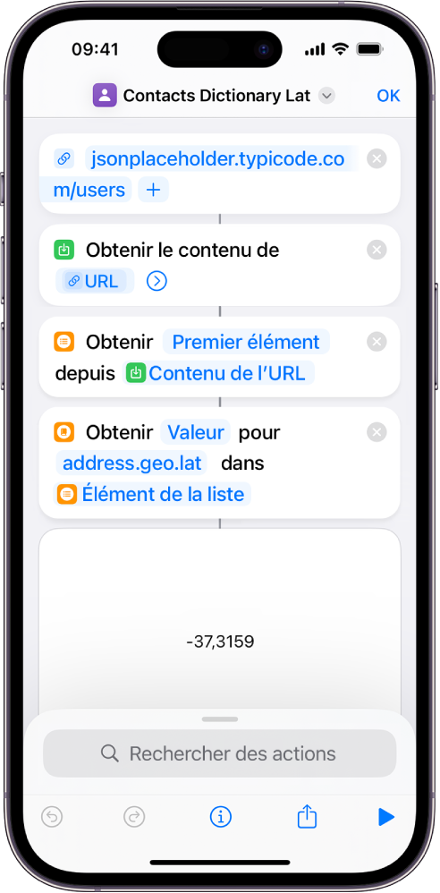 Action « Obtenir la valeur du dictionnaire » dans l’éditeur de raccourcis avec la clé définie sur « address.geo.lat ».