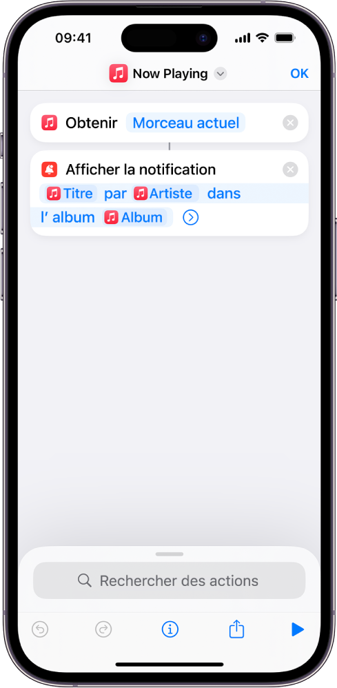 Action « Afficher la notification » dans l’éditeur de raccourci et alerte Musique « À l’écoute » appelée par l’action « Afficher la notification ».