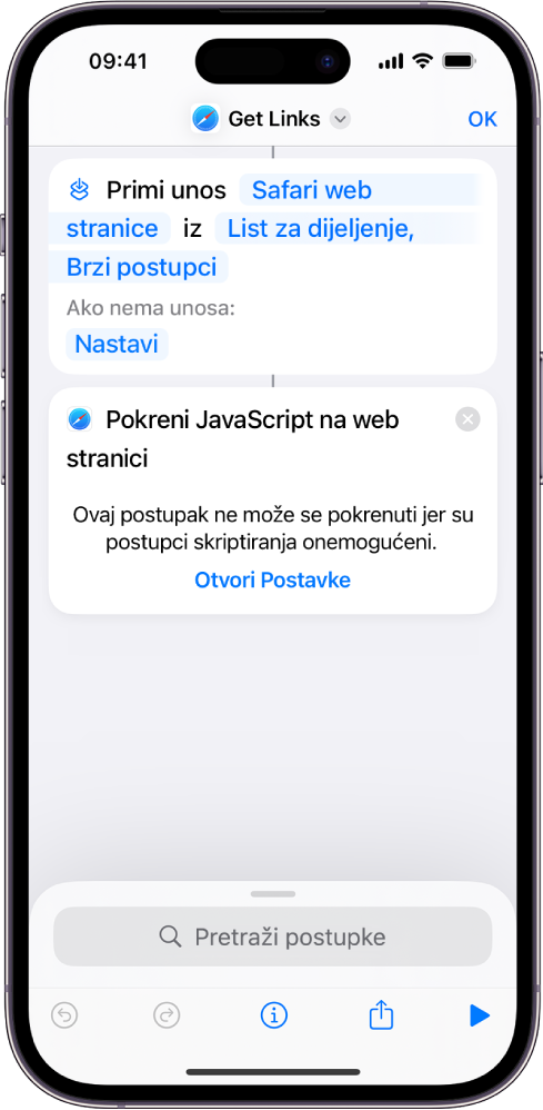 Postupak Pokreni JavaScript na web stranici u uredniku prečaca.