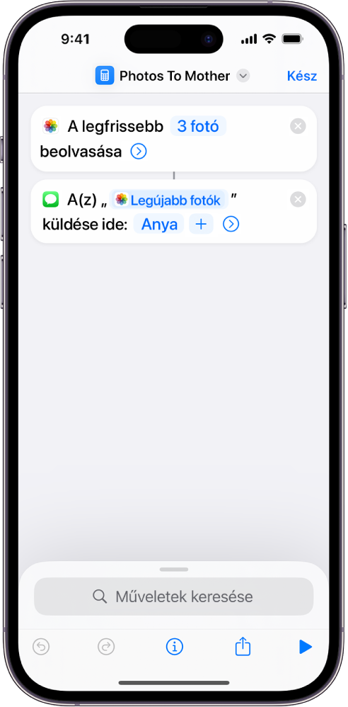 Egy parancs, amely a Legújabb fotók lekérése és Üzenet küldése műveleteket tartalmazza.