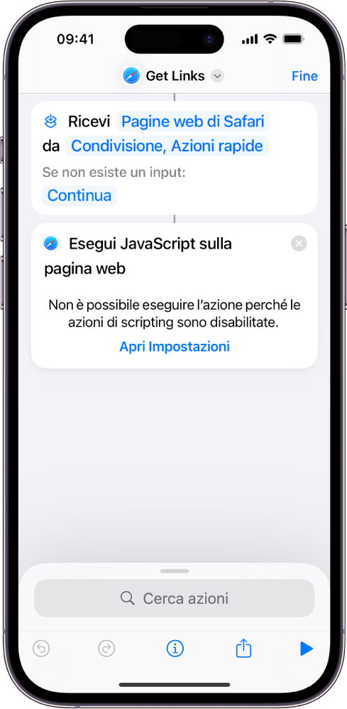 L'azione “Esegui JavaScript sulla pagina web” nell'editor di comandi rapidi.