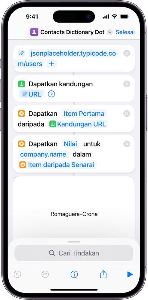 Tindakan Dapatkan Nilai Kamus dalam editor pintasan dengan kunci disetkan ke nama.syarikat.