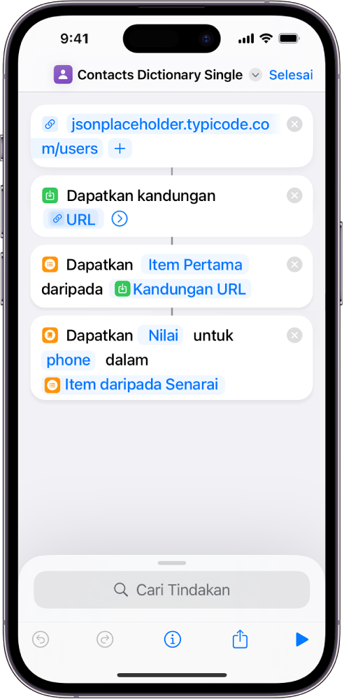 Tindakan Dapatkan Nilai Kamus dalam editor pintasan dengan kunci disetkan ke telefon.