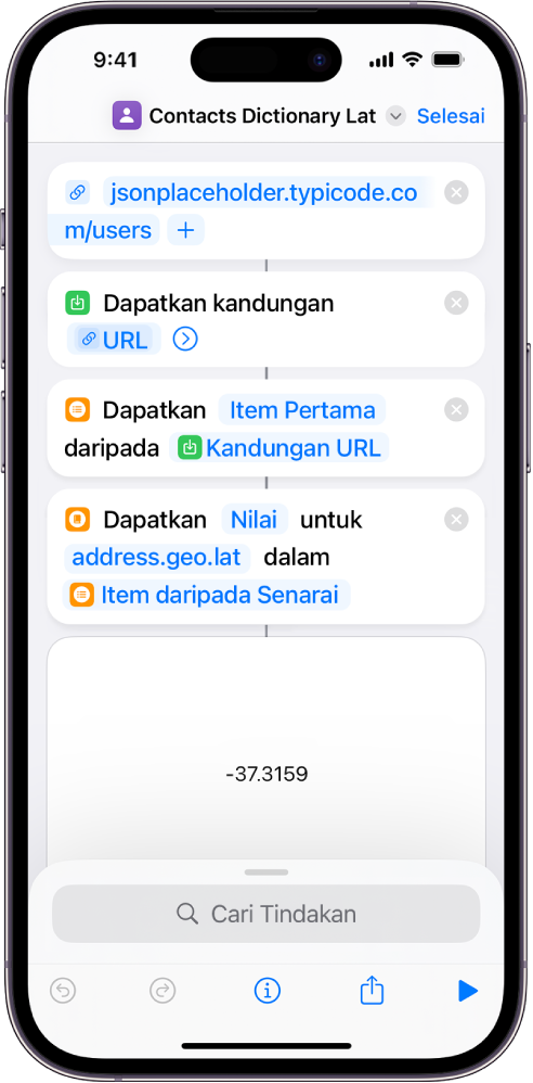 Tindakan Dapatkan Nilai Kamus dalam editor pintasan dengan kunci disetkan ke alamat.geo.lat.