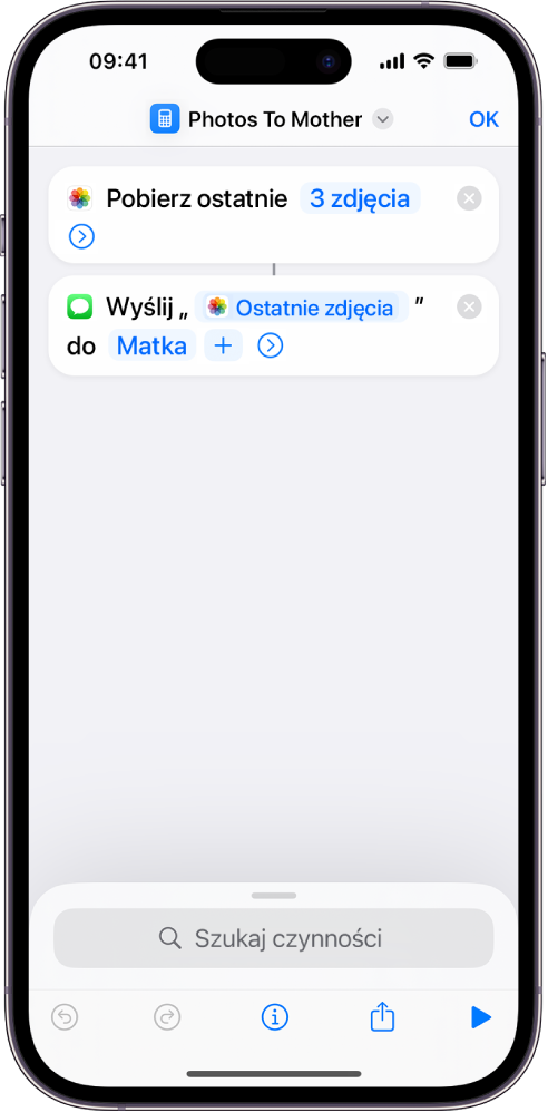 Skrót zawierający czynności Pobierz ostatnie zdjęcia i Wyślij wiadomość.