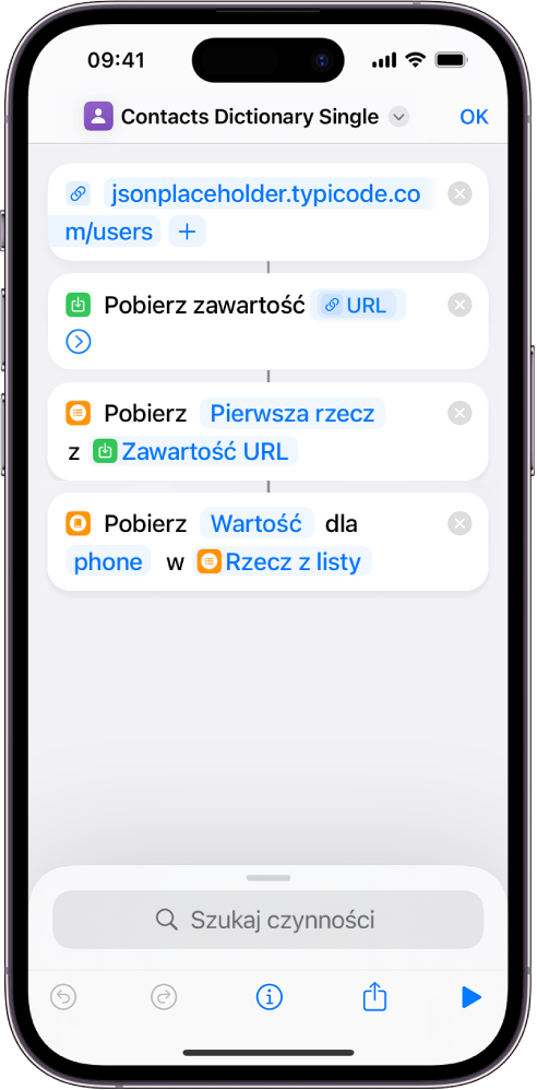 Edytor czynności z czynnością Pobierz wartość ze słownika, skonfigurowaną do pobierania klucza o nazwie „phone”.