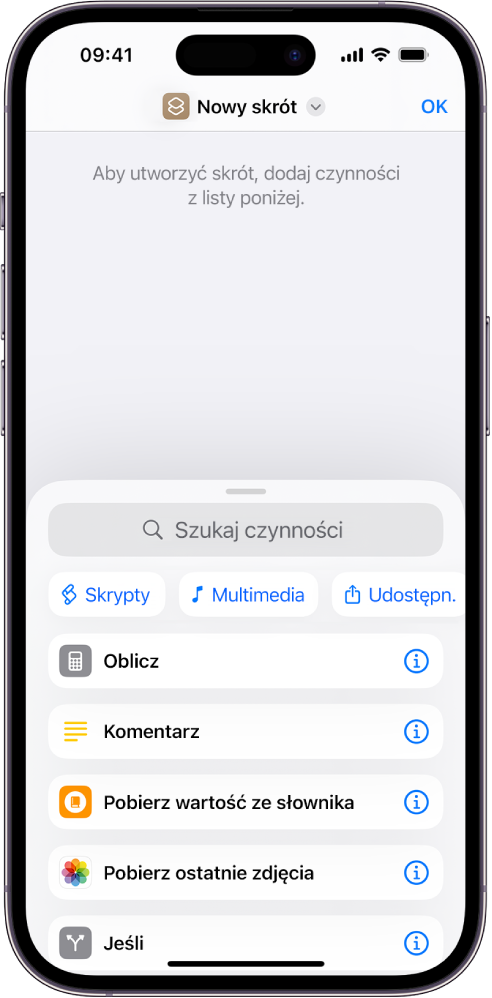 Pusty edytor skrótów na iPhonie.