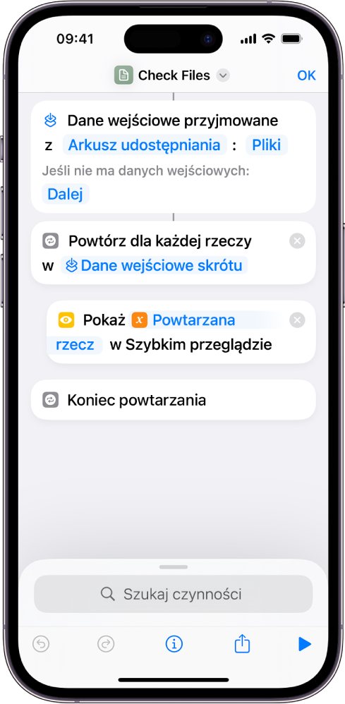 Czynność Szybki przegląd w edytorze skrótów.