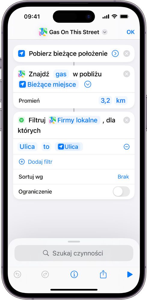 Czynność „Filtruj miejsca” w edytorze skrótów.