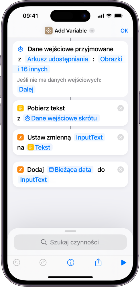 Czynności Ustaw zmienną oraz Dodaj do zmiennej w edytorze skrótów.