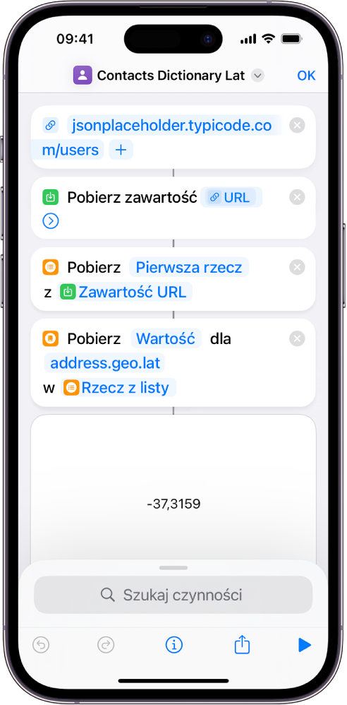 Edytor czynności z czynnością Pobierz wartość ze słownika, skonfigurowaną do pobierania klucza o nazwie „address.geo.lat”.