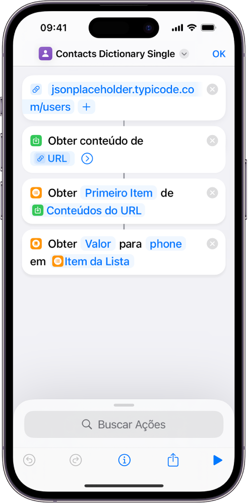 Ação “Obter Valor do Dicionário” no editor de atalhos com a chave definida como “phone”.