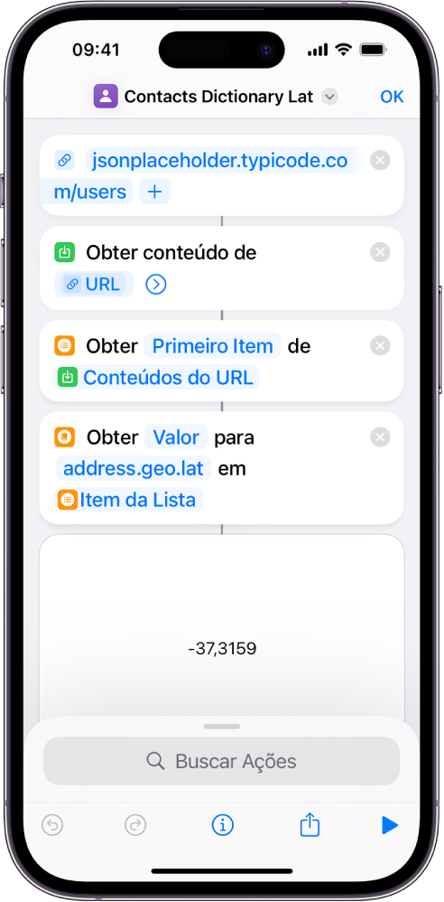 Ação “Obter Valor do Dicionário” no editor de atalhos com a chave definida como address.geo.lat.