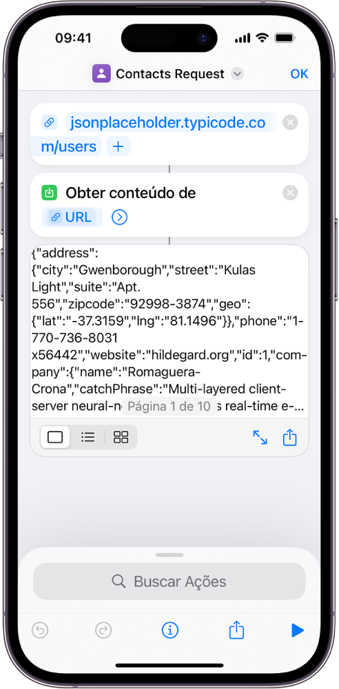 Resultados do atalho de solicitação da API Typicode, mostrando uma lista de usuários.