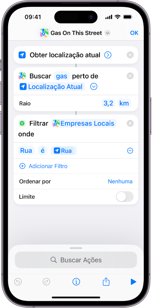 Ação “Filtrar Localizações Onde” no editor de atalhos.