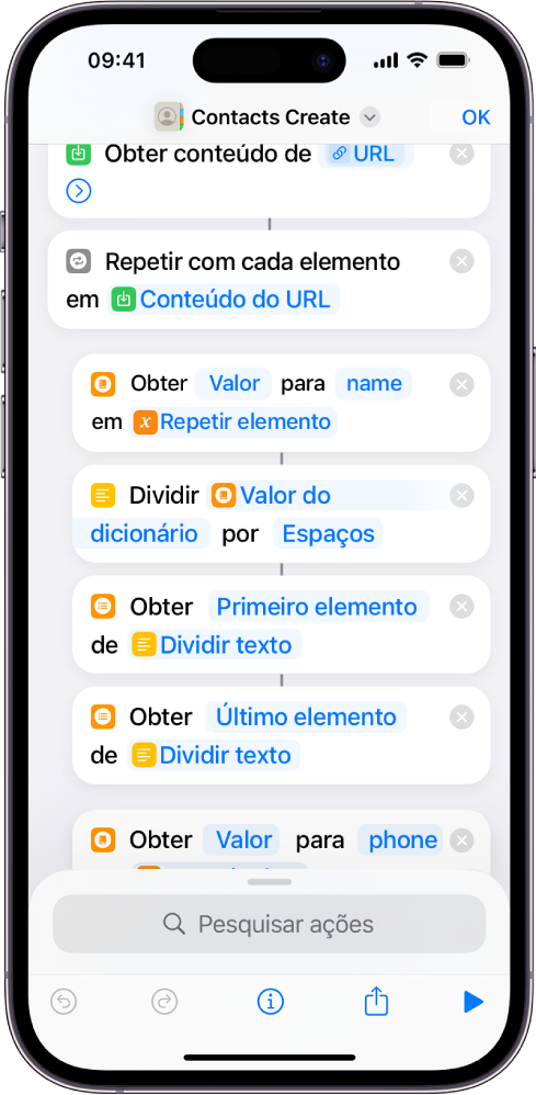 Um atalho a mostrar as ações “Dividir texto”.