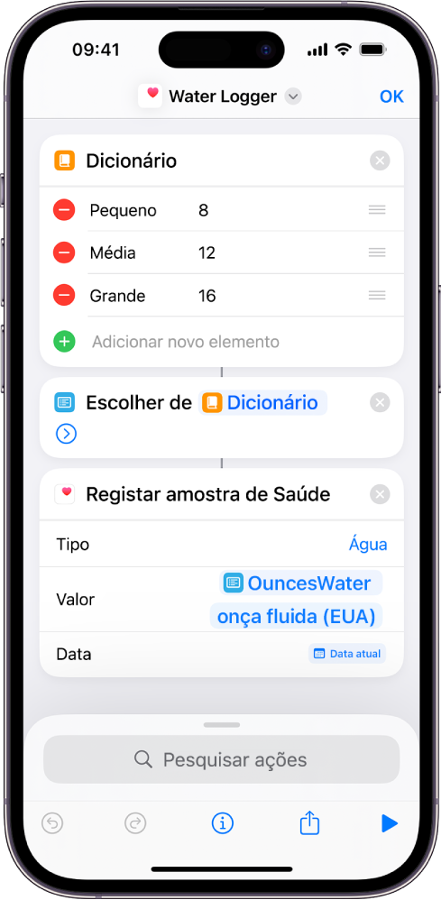 Ação "Escolher da lista" depois de um elemento de dicionário.