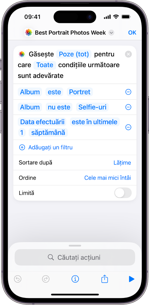 Acțiune “Găsiți poze în care” în editorul de acțiuni.