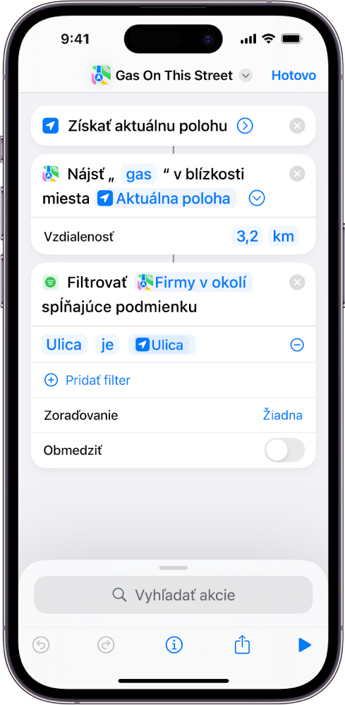Akcia Filtrovať miesta spĺňajúce podmienku v editore skratiek.