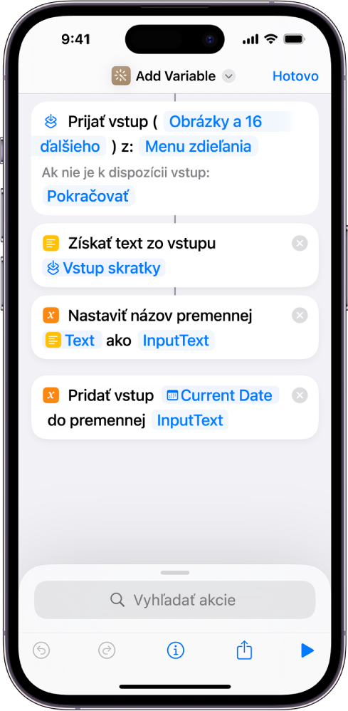 Akcie Nastaviť premennú a Pridať k premennej v editore skratiek.