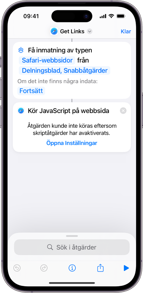 Åtgärden Kör JavaScript på webbsida i genvägsredigeraren.