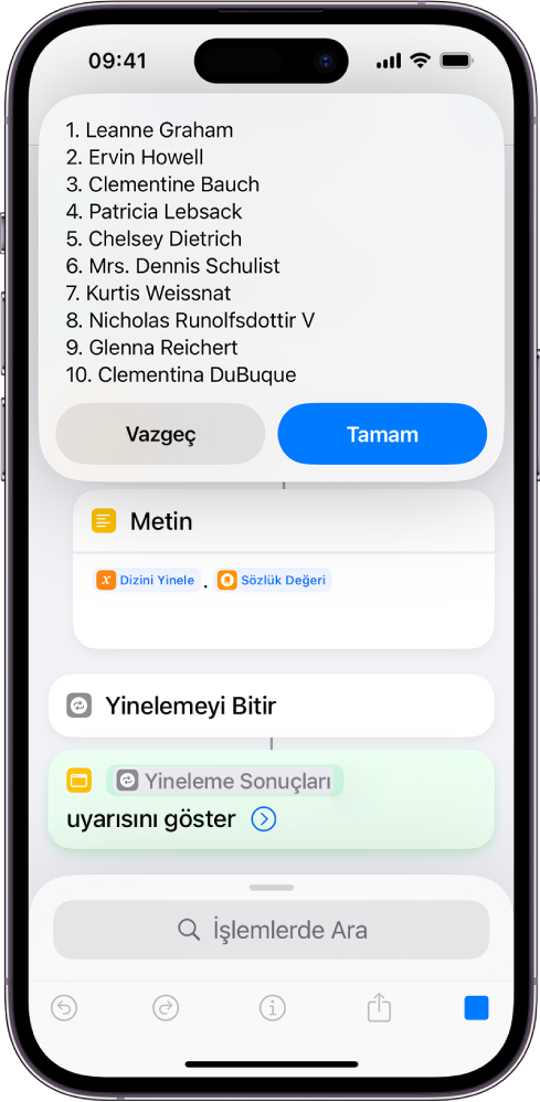 Kullanıcıların listesini gösteren kestirme sonucu.