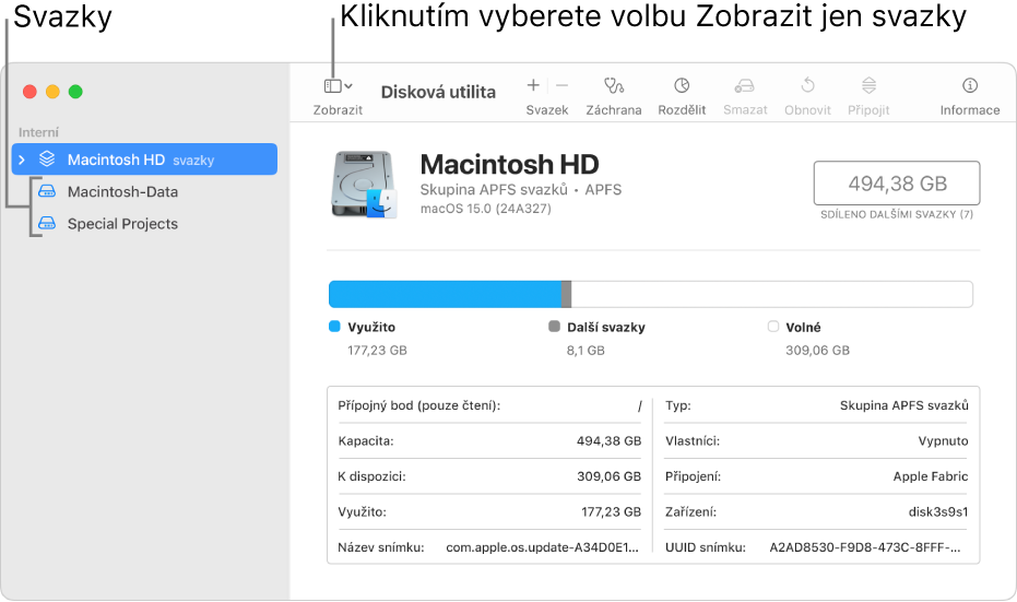 Okno Diskové utility v režimu Zobrazit jen svazky.