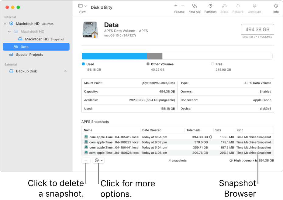 A Disk Utility window showing the snapshot browser.