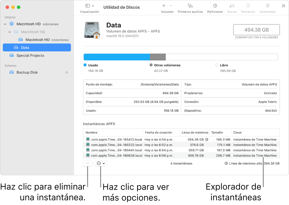 Una ventana de la Utilidad de Discos mostrando el explorador de instantáneas.