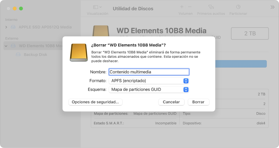 La ventana Utilidad de Discos con la configuración del diálogo Borrar para reformatear una unidad externa con un formato APFS encriptado.