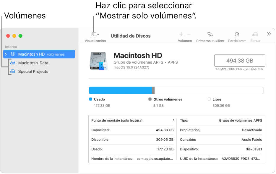 La ventana Utilidad de Discos con la visualización Mostrar sólo los volúmenes.