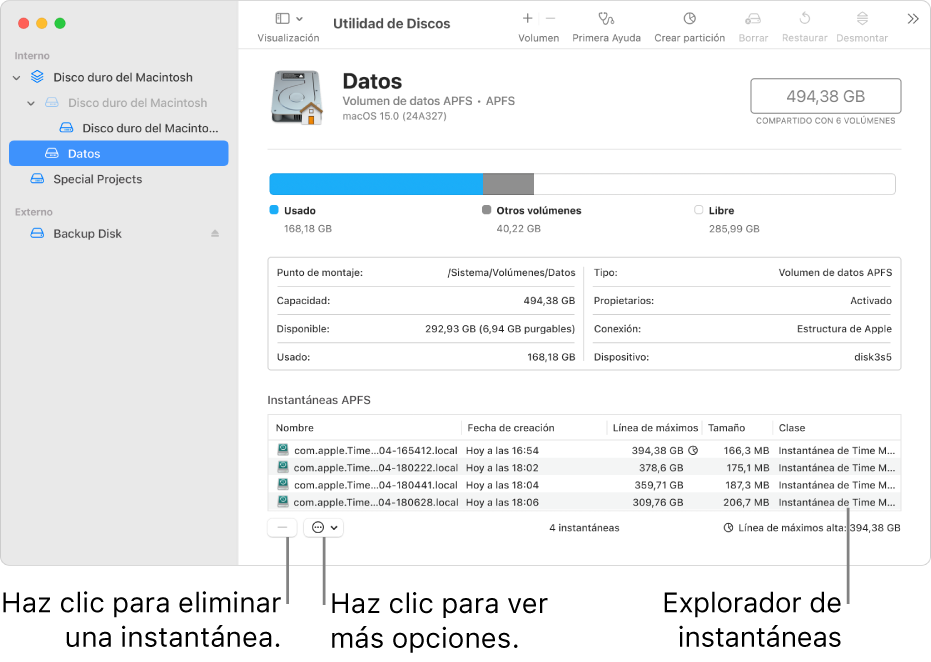 Una ventana de Utilidad de Discos con el explorador de instantáneas.