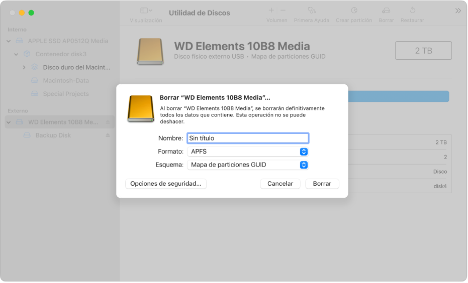 El cuadro de diálogo Eliminar con los campos del nombre, formato y esquema.