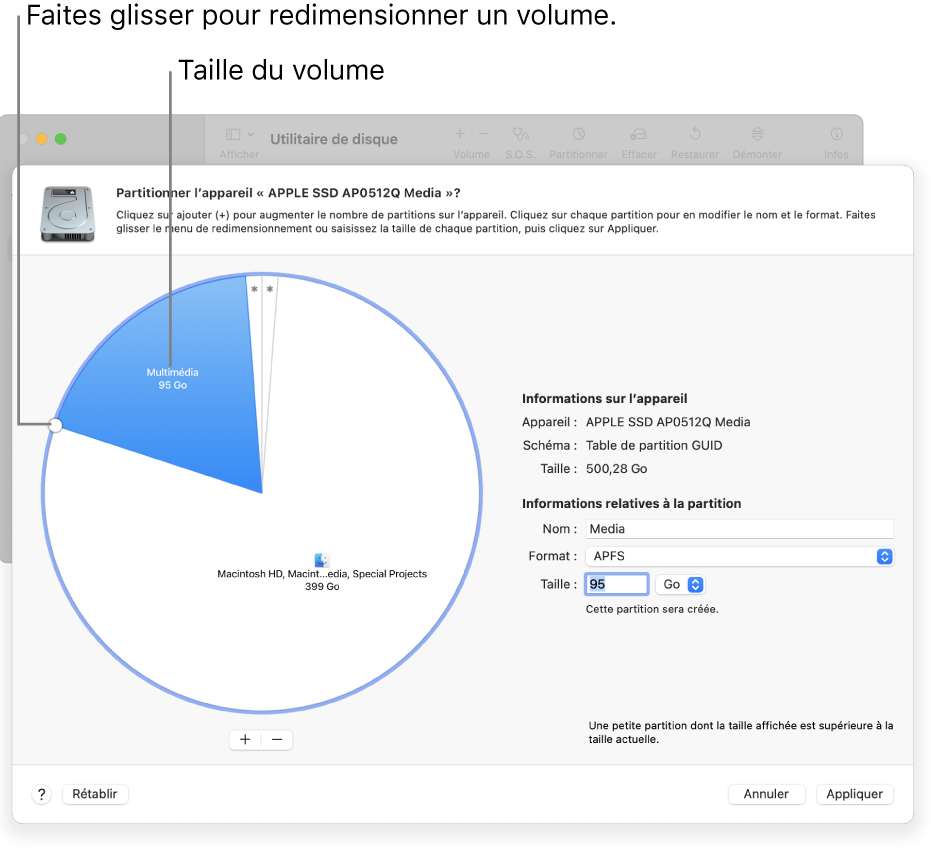 La fenêtre Partitions affiche un disque physique avec plusieurs partitions.