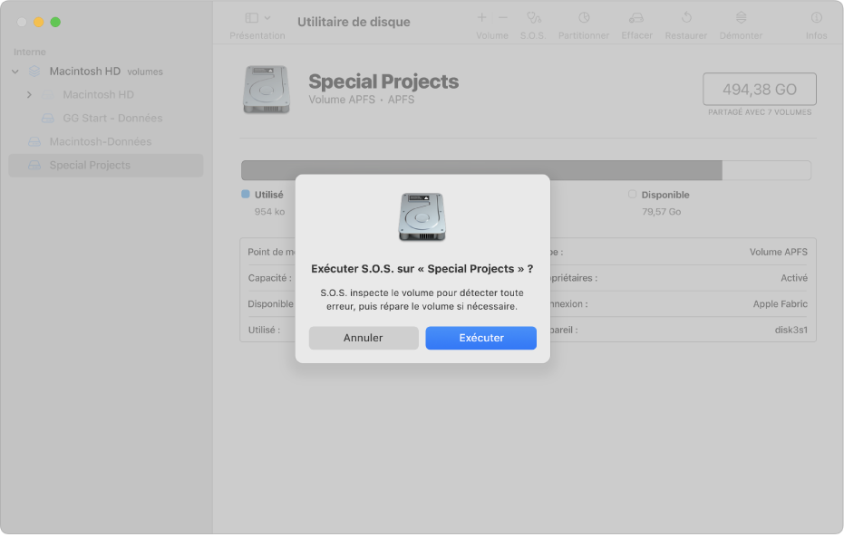 Une fenêtre Utilitaire de disque affichant la zone de dialogue de confirmation de S.O.S.