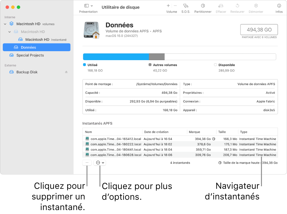 Une fenêtre Utilitaire de disque affichant le navigateur d’instantanés.