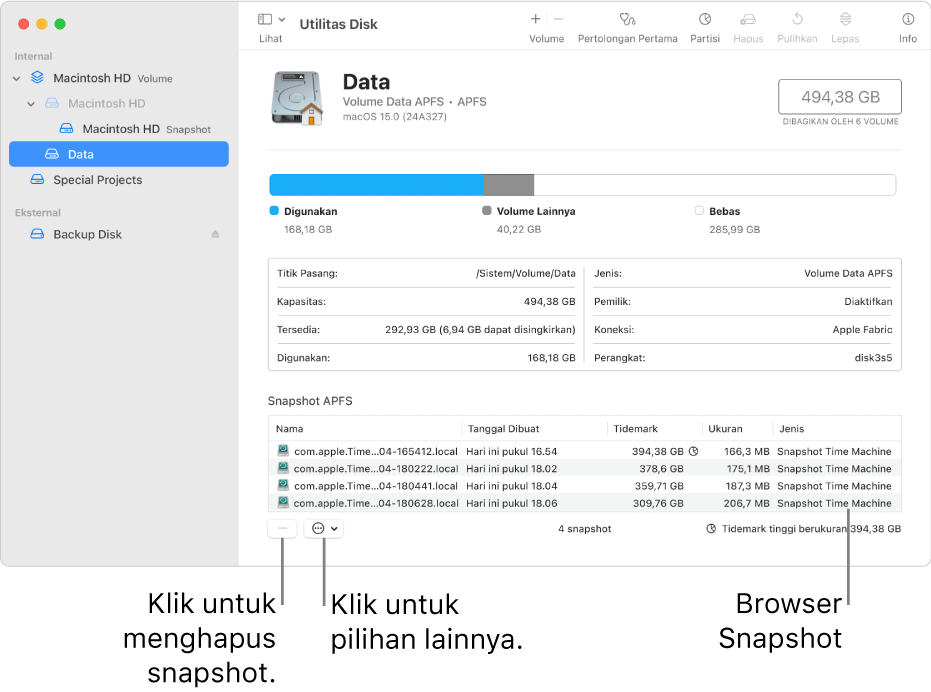 Jendela Utilitas Disk menampilkan browser snapshot.
