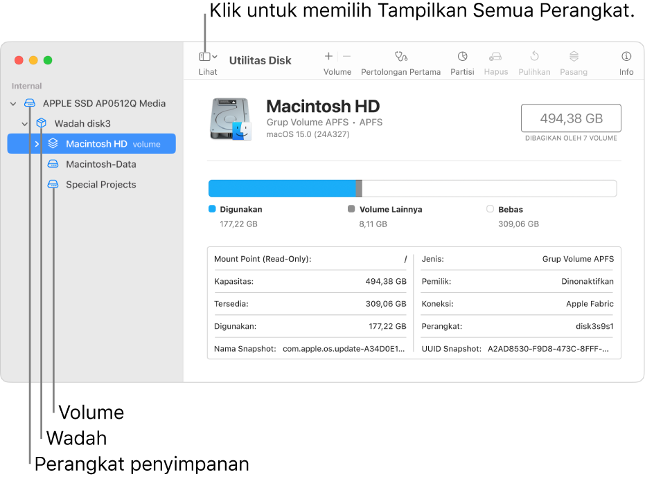 Jendela Utilitas Disk di tampilan tampilkan semua perangkat.