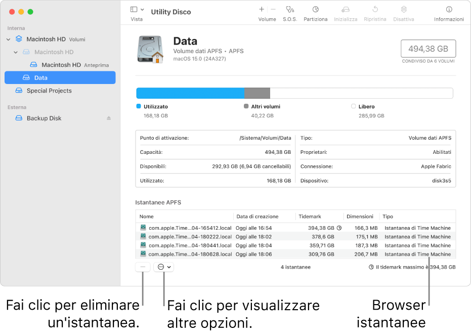 Una finestra di Utility Disco che mostra il browser delle istantanee.