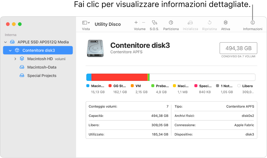 Finestra di Utility Disco con un dispositivo di archiviazione selezionato nella barra laterale e informazioni sul dispositivo visualizzate sulla destra.