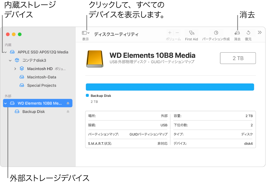 「ディスクユーティリティ」ウインドウ。「すべてのデバイスを表示」で2台のストレージデバイスが表示されています。