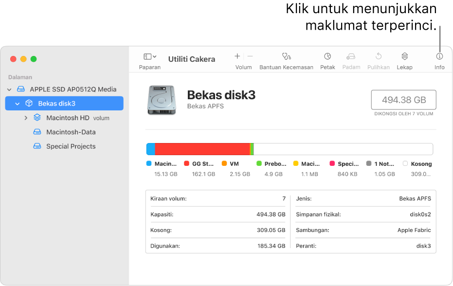 Tetingkap Utiliti Cakera menunjukkan peranti storan dipilih dalam bar sisi dan maklumat tentang peranti di paparkan di sebelah kanan.