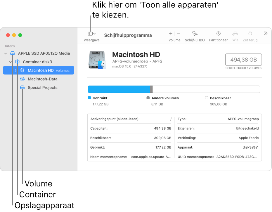 Een venster van Schijfhulpprogramma met drie volumes, een container en een opslagapparaat in de weergave 'Toon alle apparaten'.