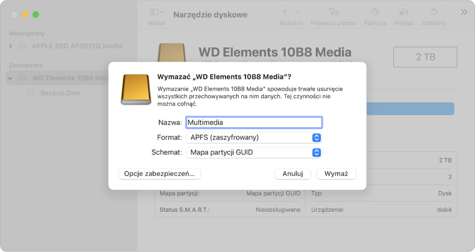 W aplikacji Narzędzie dyskowe widoczne jest okno dialogowe wymazywania z ustawieniami ponownego formatowania dysku zewnętrznego w formacie APFS zaszyfrowanym.