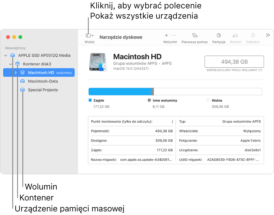 Okno Narzędzi dyskowych z trzema woluminami, kontenerem oraz urządzeniem pamięci masowej w widoku Pokaż wszystkie urządzenia.