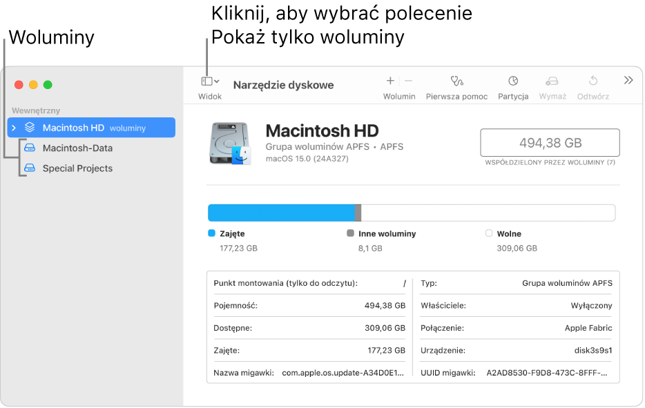 Okno aplikacji Narzędzie dyskowe z widokiem zawierającym tylko woluminy.