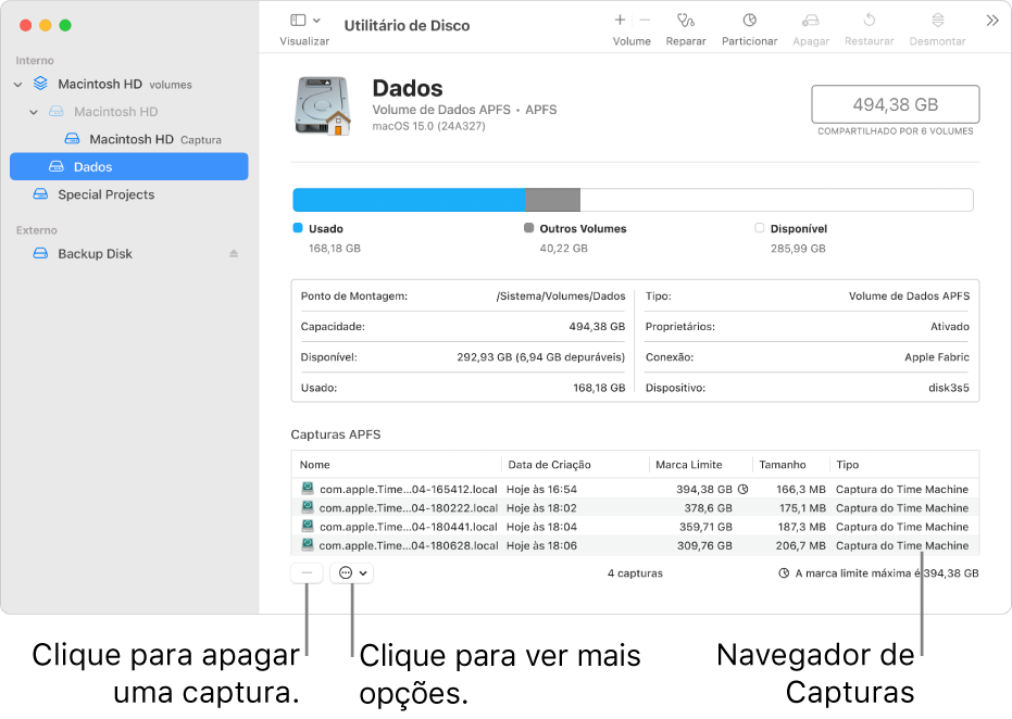 Janela do Utilitário de Disco mostrando o navegador de capturas.