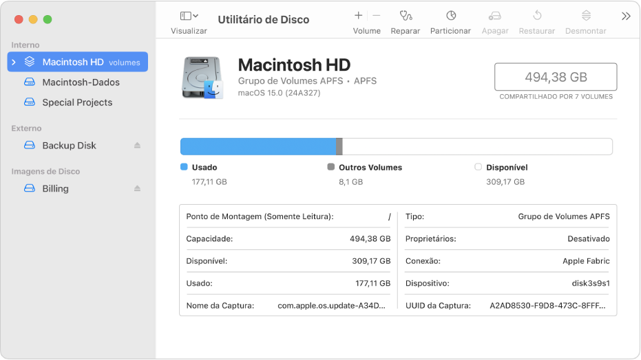 Uma janela do Utilitário de Disco com a visualização Mostrar Apenas Volumes selecionada. A barra lateral à esquerda mostra dois volumes internos, um volume externo e um volume de imagem de disco. O lado direito da janela mostra detalhes sobre o volume selecionado.